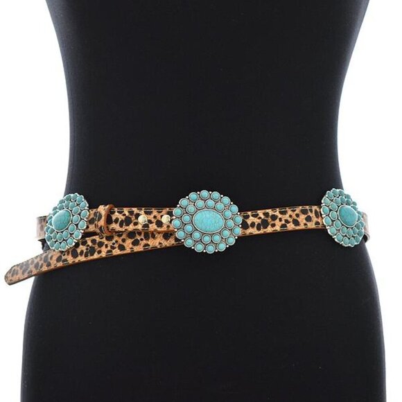 Tipi Accessories - Western Turquoise Flower Concho Floral Leopard Animal Print Belt S/M by Tipi